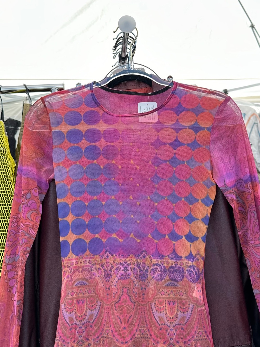 VTG Y2K Pink Sheer Mesh Printed Long-Sleeve Mesh Top Sheer Size-S/M